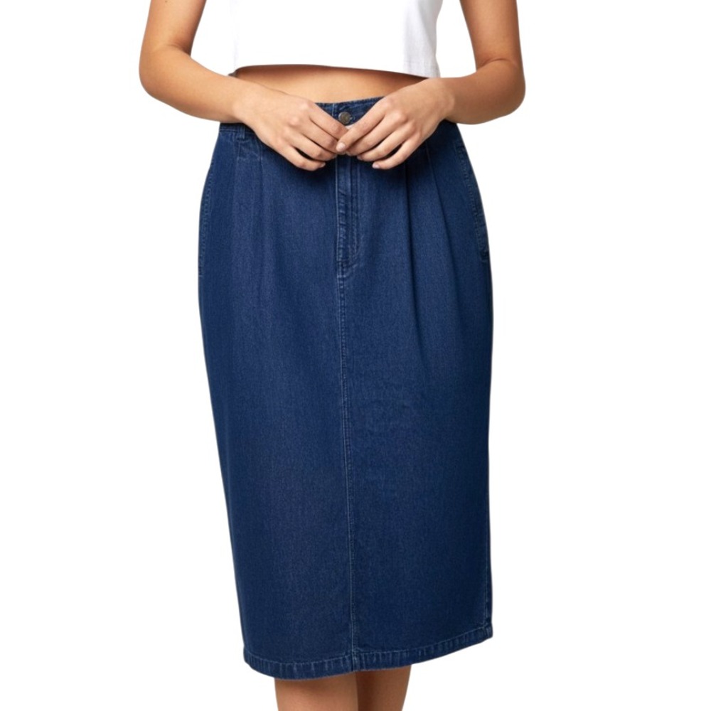 VTG Liz Claiborne LIZSPORT PLEATED DENIM PENCIL SKIRT Dark Blue Pockets 14/M/L